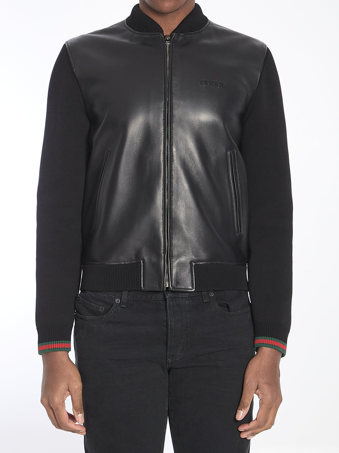 Gucci Nappa Leather And Knit Bomber 48 Black