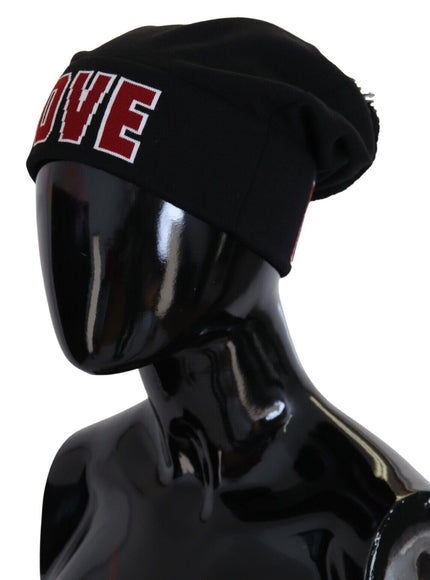 Side view of Dolce & Gabbana black beanie with 'LOVE' text