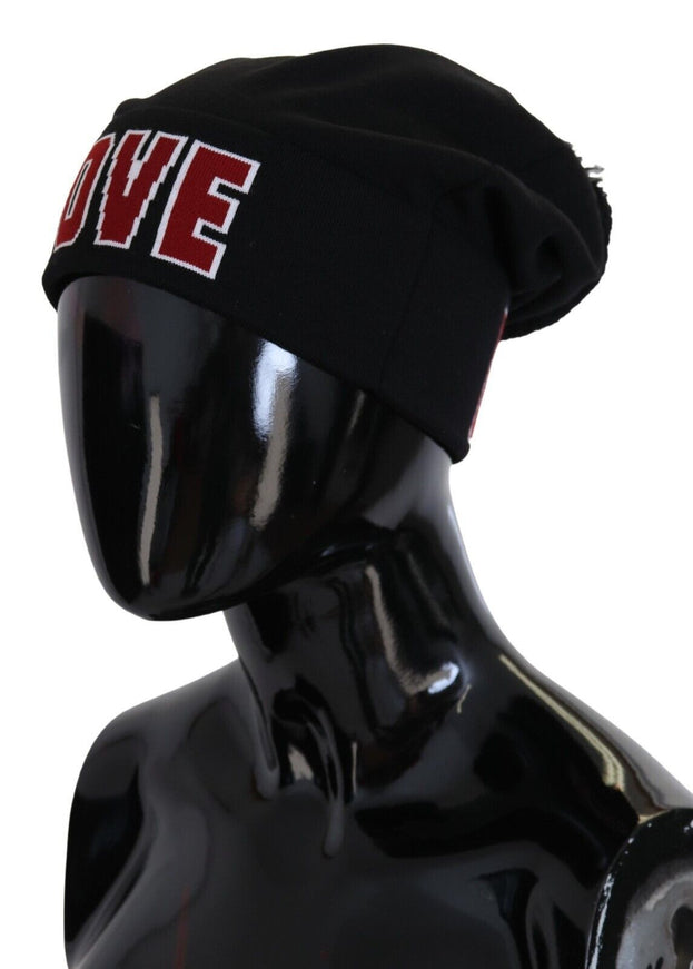 Side view of Dolce & Gabbana black beanie with 'LOVE' text