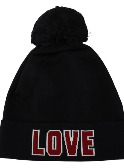 Front view of Dolce & Gabbana black beanie with 'LOVE' text