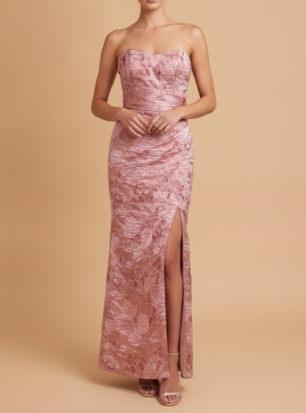 Lara Strapless Brocade Gown with Back Skirt | 400015