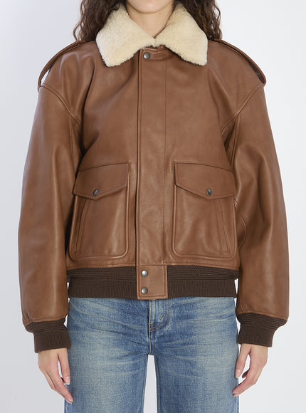 Saint Laurent Bomber Jacket In Hammered Leather And Shearling Brown