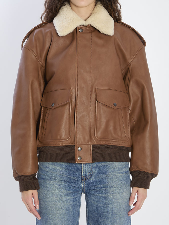Saint Laurent Bomber Jacket In Hammered Leather And Shearling Brown