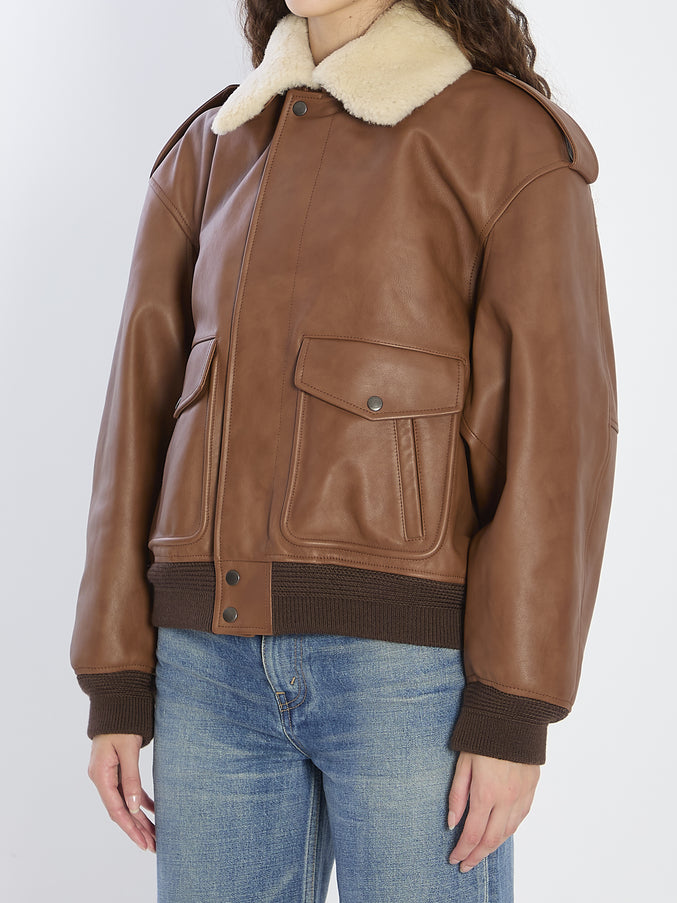 Saint Laurent Bomber Jacket In Hammered Leather And Shearling