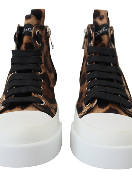 a pair of leopard print high top sneakers