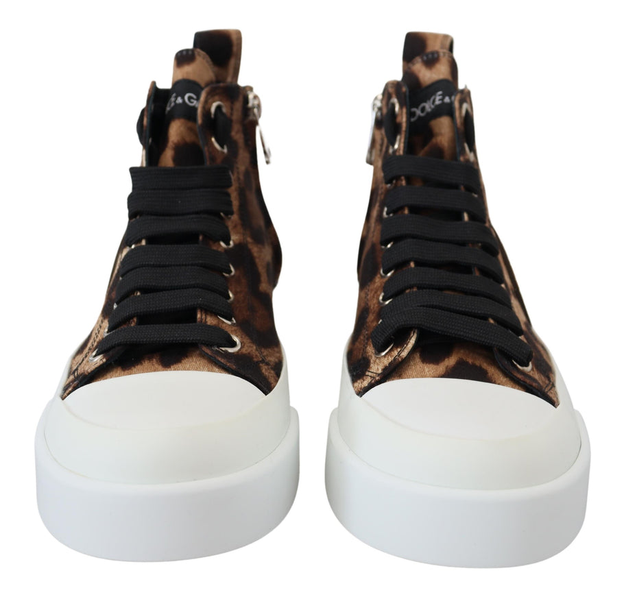 a pair of leopard print high top sneakers