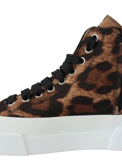 a pair of leopard print high top sneakers