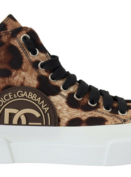 a pair of leopard print high top sneakers