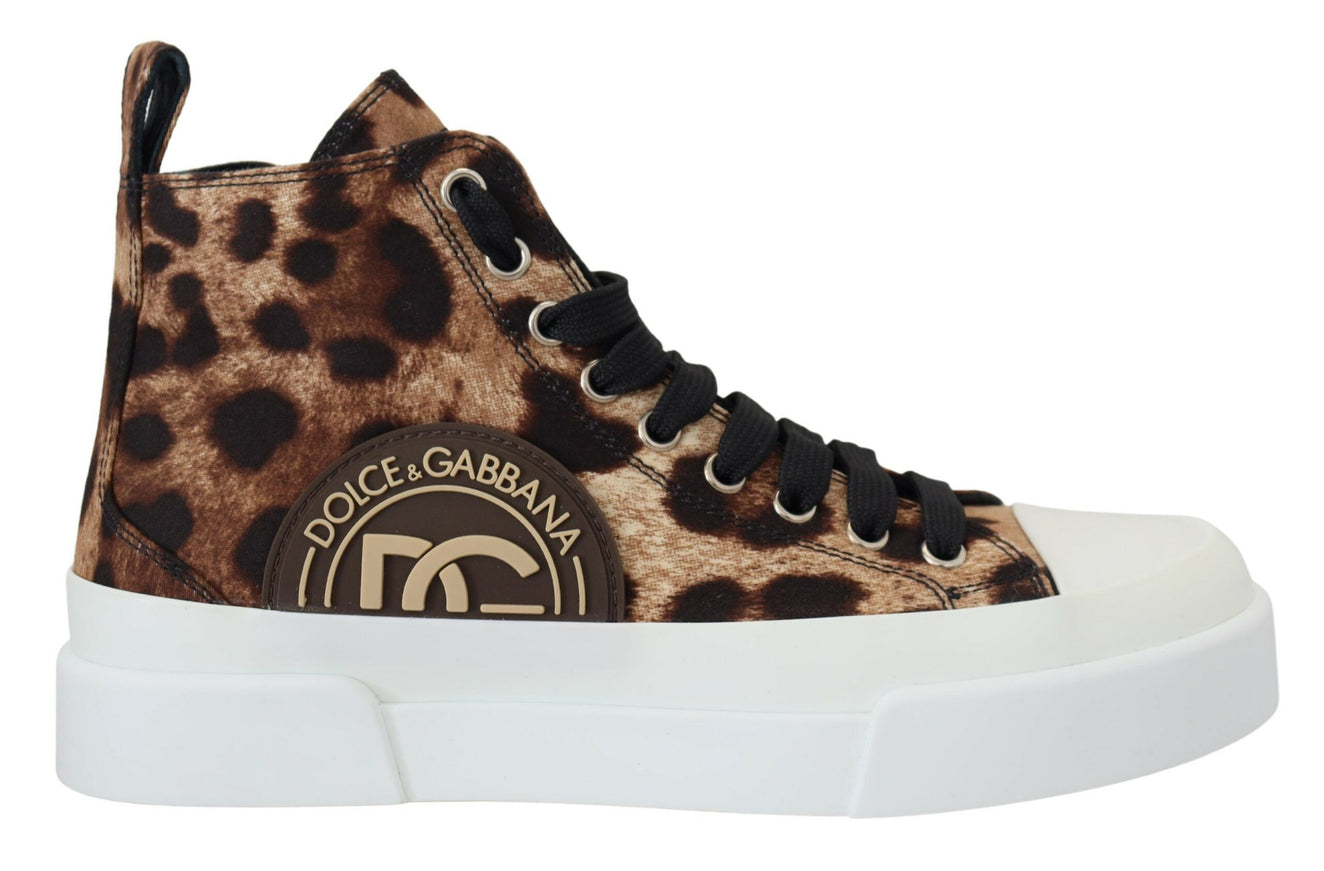 a pair of leopard print high top sneakers