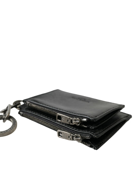 a black wallet with a metal keychain hanging from it