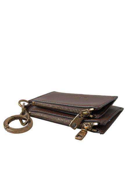 a brown leather wallet with two zippers