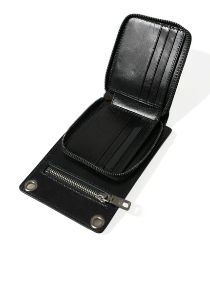 a black wallet with a zipper open on a white background