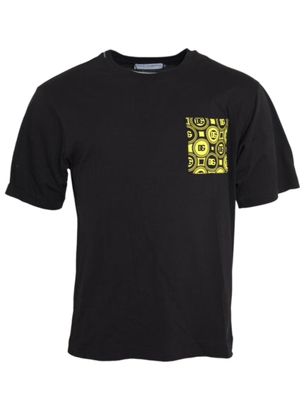 a black t - shirt with a yellow logo on the chest