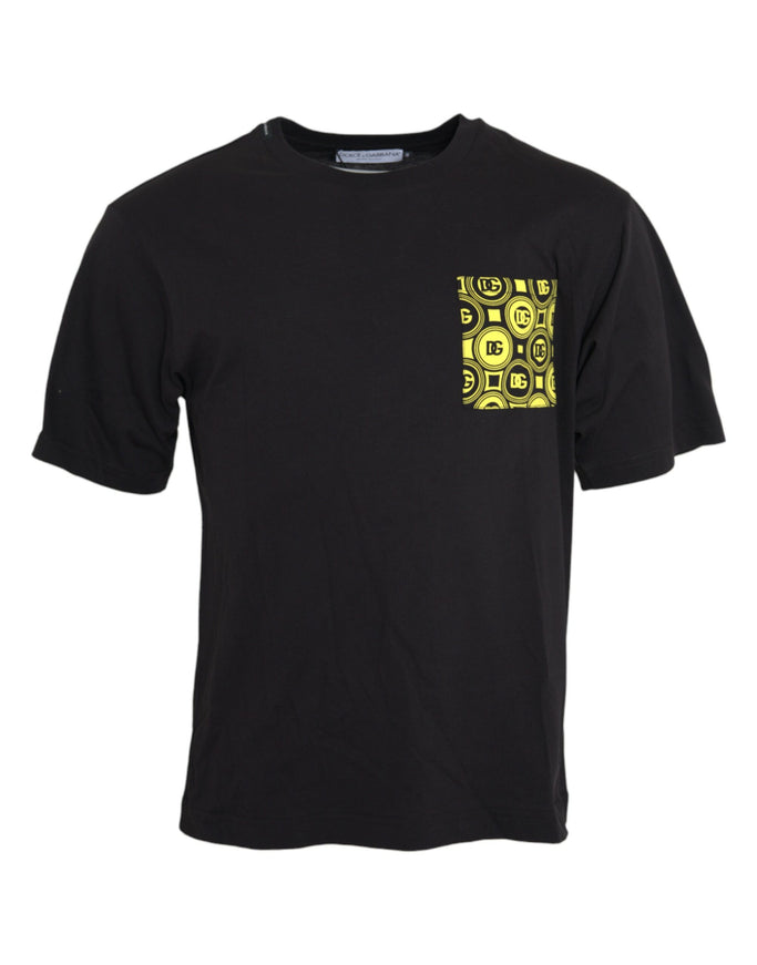 a black t - shirt with a yellow logo on the chest