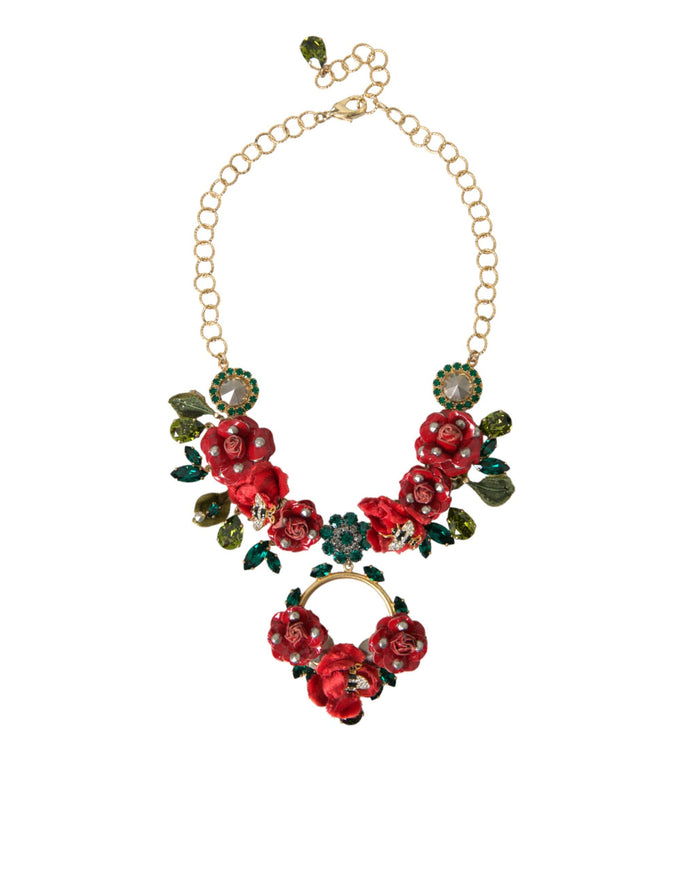 a necklace with red flowers and green leaves