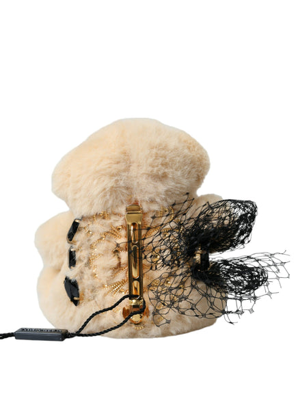 a white stuffed animal with a black net on it's back