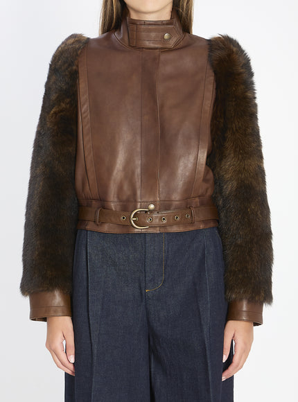 Chloe Short High-neck Leather Jacket 38 Brown