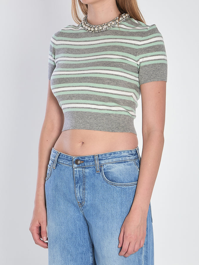 Self Portrait Striped Cropped T-shirt