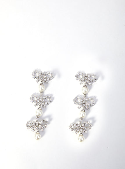 Self Portrait Micro Bow Pearl Tiered Earrings QT Silver