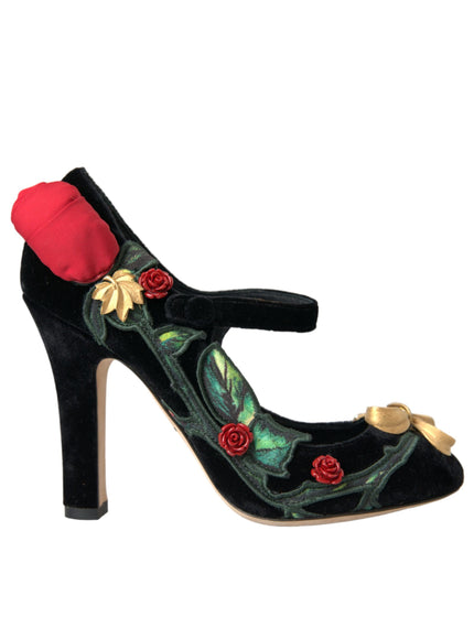 a pair of black high heels with roses on them