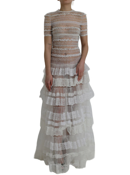 Dolce & Gabbana White Nylon Sheer Tiered Lace Maxi Dress