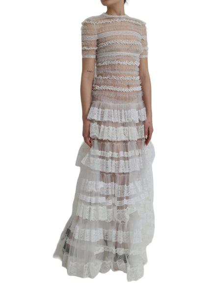 Dolce & Gabbana White Nylon Sheer Tiered Lace Maxi Dress