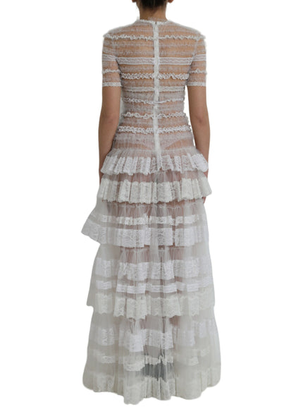 Dolce & Gabbana White Nylon Sheer Tiered Lace Maxi Dress