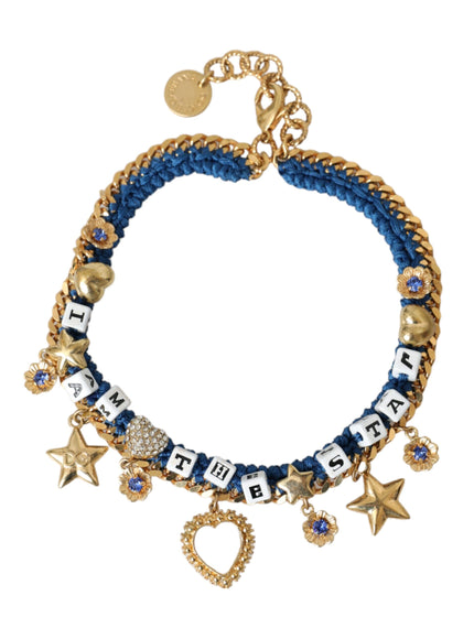 a blue bracelet with gold stars and charms