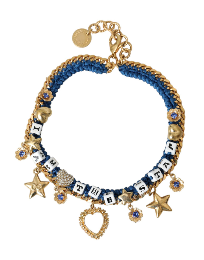 a blue bracelet with gold stars and charms