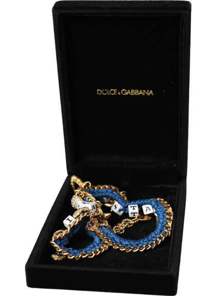 a blue and gold chain with dices in it