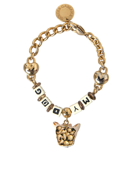 a gold bracelet with a dog charm on it