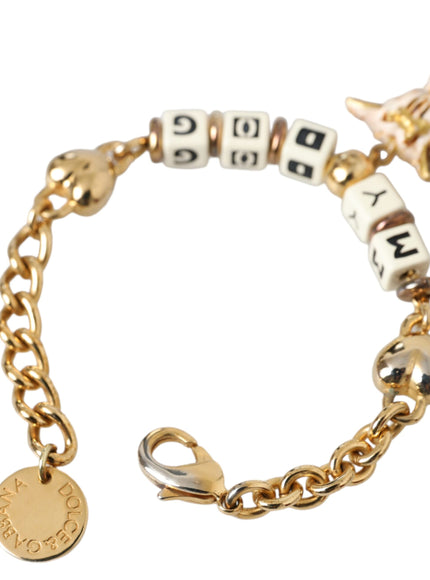 a gold bracelet with charms and charms on it