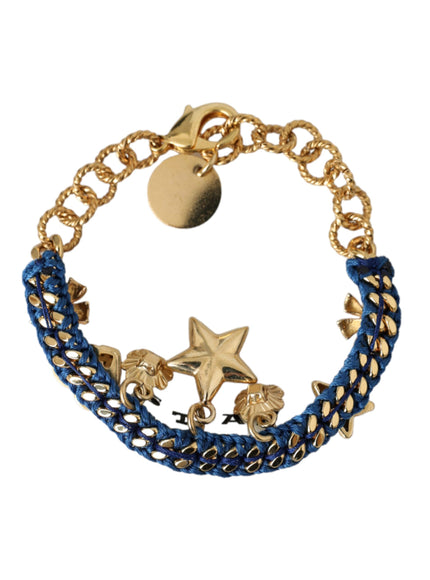 a gold and blue bracelet with stars on it