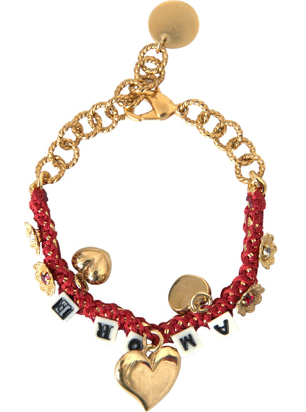 a red and gold bracelet with charms