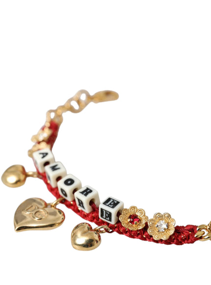 a red and gold bracelet with charms on it