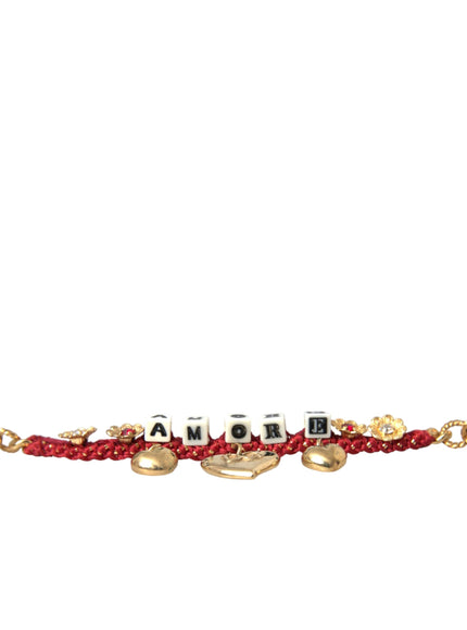 a red and gold bracelet with a name charm