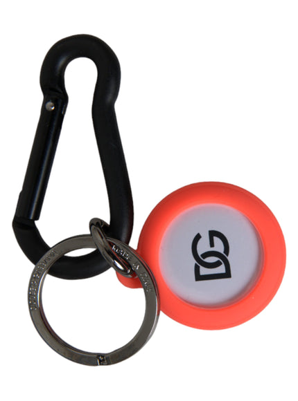 an orange and black keychain with a black hook