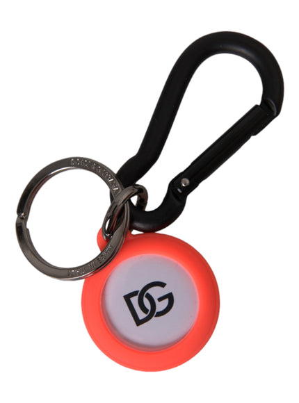 a red and white keychain with a black handle