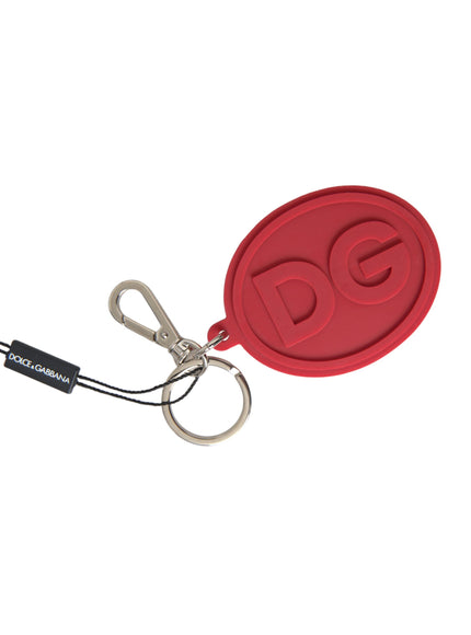 a red keychain with a logo on it