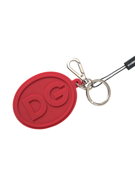 a red keychain with a logo on it