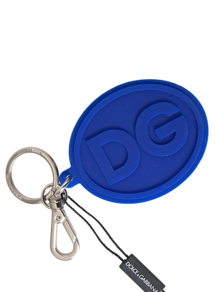 a blue keychain with a logo on it