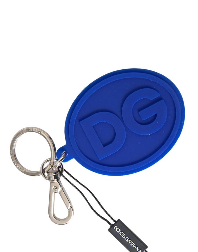 a blue keychain with a logo on it