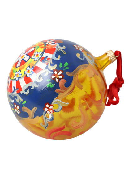 a colorful ball with a red ribbon around it