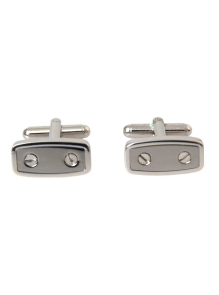 a pair of silver cufflinks on a white background