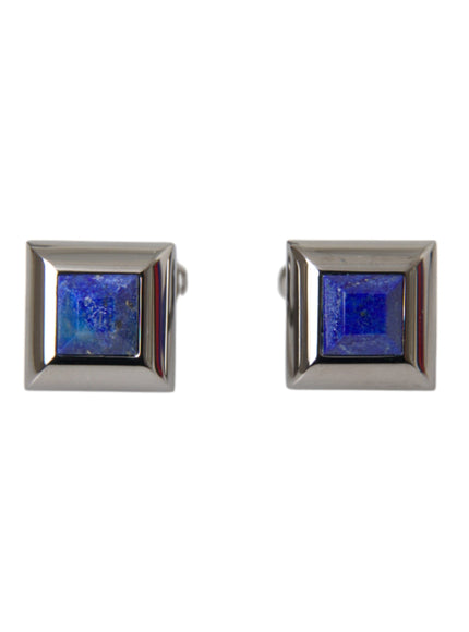 a pair of square earrings with a blue stone in the center