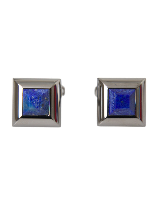 a pair of square earrings with a blue stone in the center