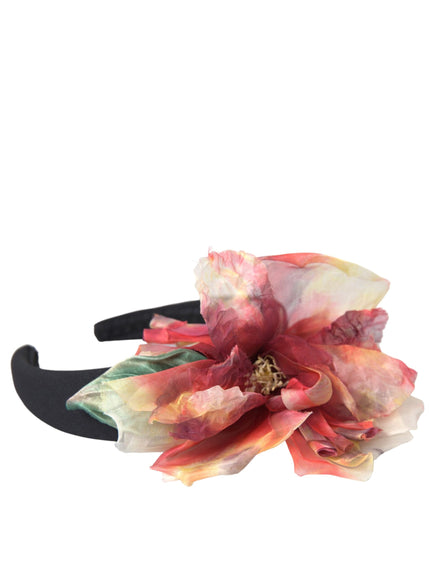 Dolce & Gabbana Rose Pink Silk Floral Black Tiara Women Hairband Diadem