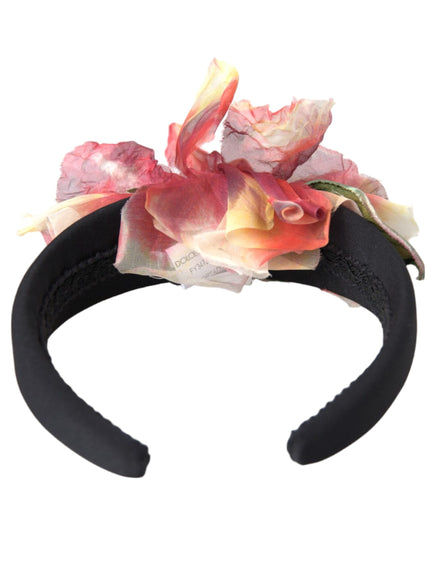 Dolce & Gabbana Rose Pink Silk Floral Black Tiara Women Hairband Diadem