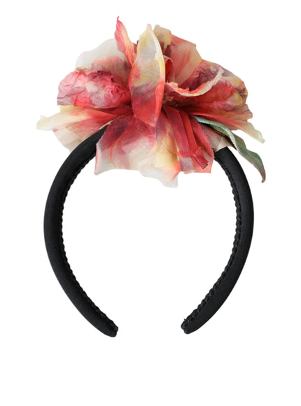 Dolce & Gabbana Rose Pink Silk Floral Black Tiara Women Hairband Diadem