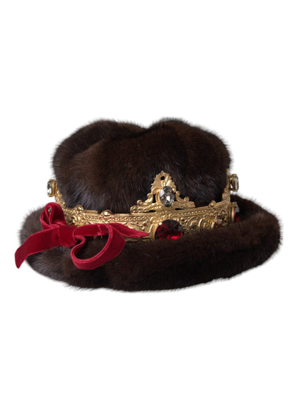 Dolce & Gabbana dark brown mink fur hat with gold crystal crown